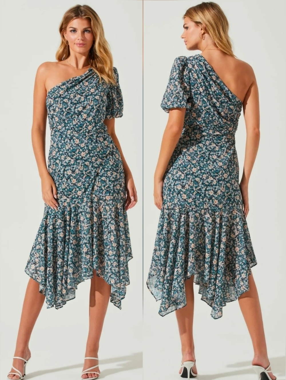 ASTR Santorini One Shoulder Floral Midi Dress M Romantic Wedding Guest Dress